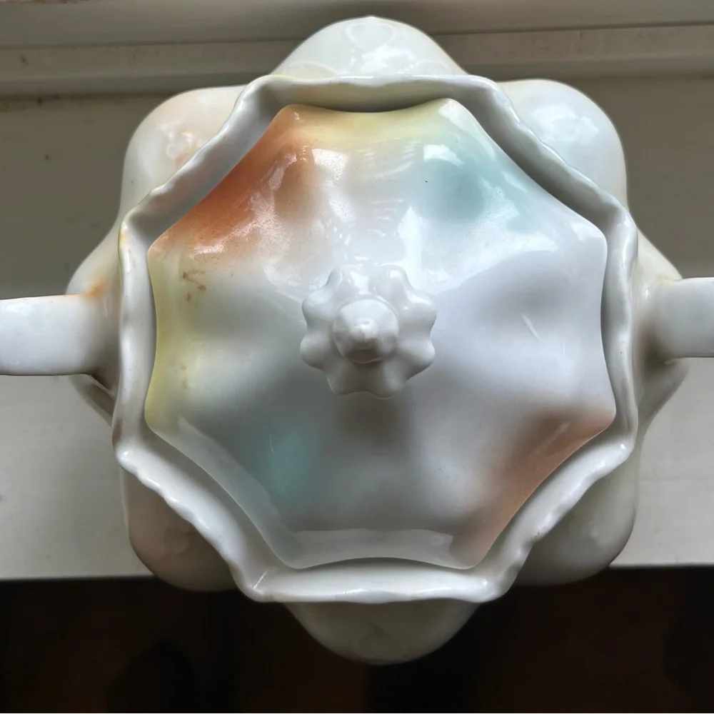 Antique 1920 German Rare Art Nouveau Floral Porcelain Sugar Pot Heart Handles
